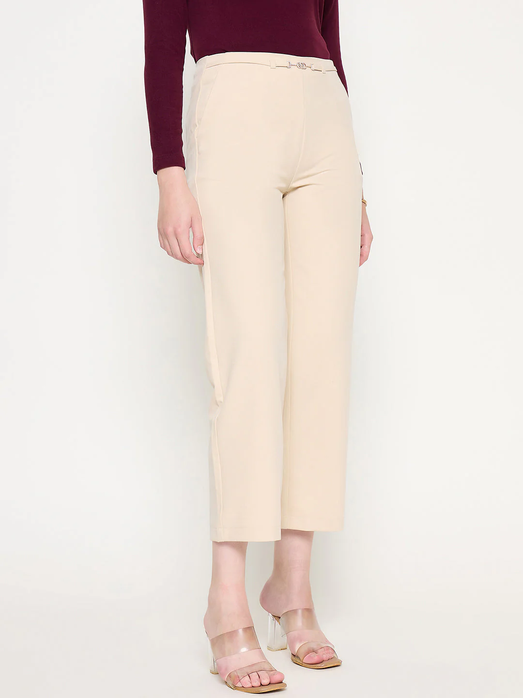 Madame Slash Pocketed Straight Fit Belted Solid Ivory Trousers - Image 4