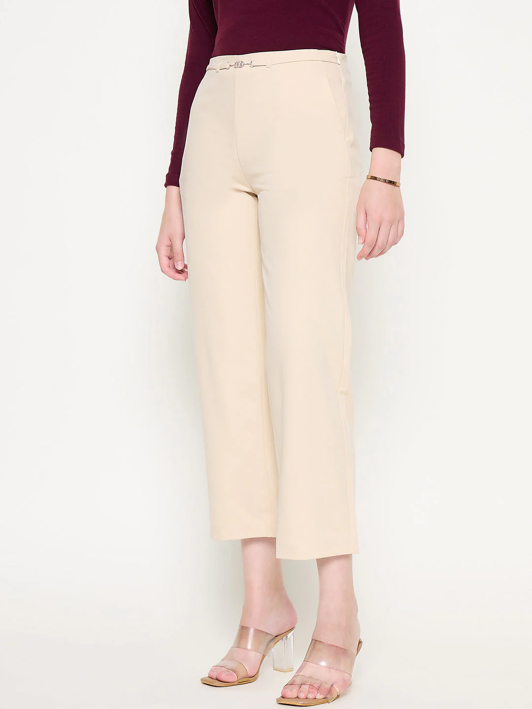 Madame Slash Pocketed Straight Fit Belted Solid Ivory Trousers - Image 5