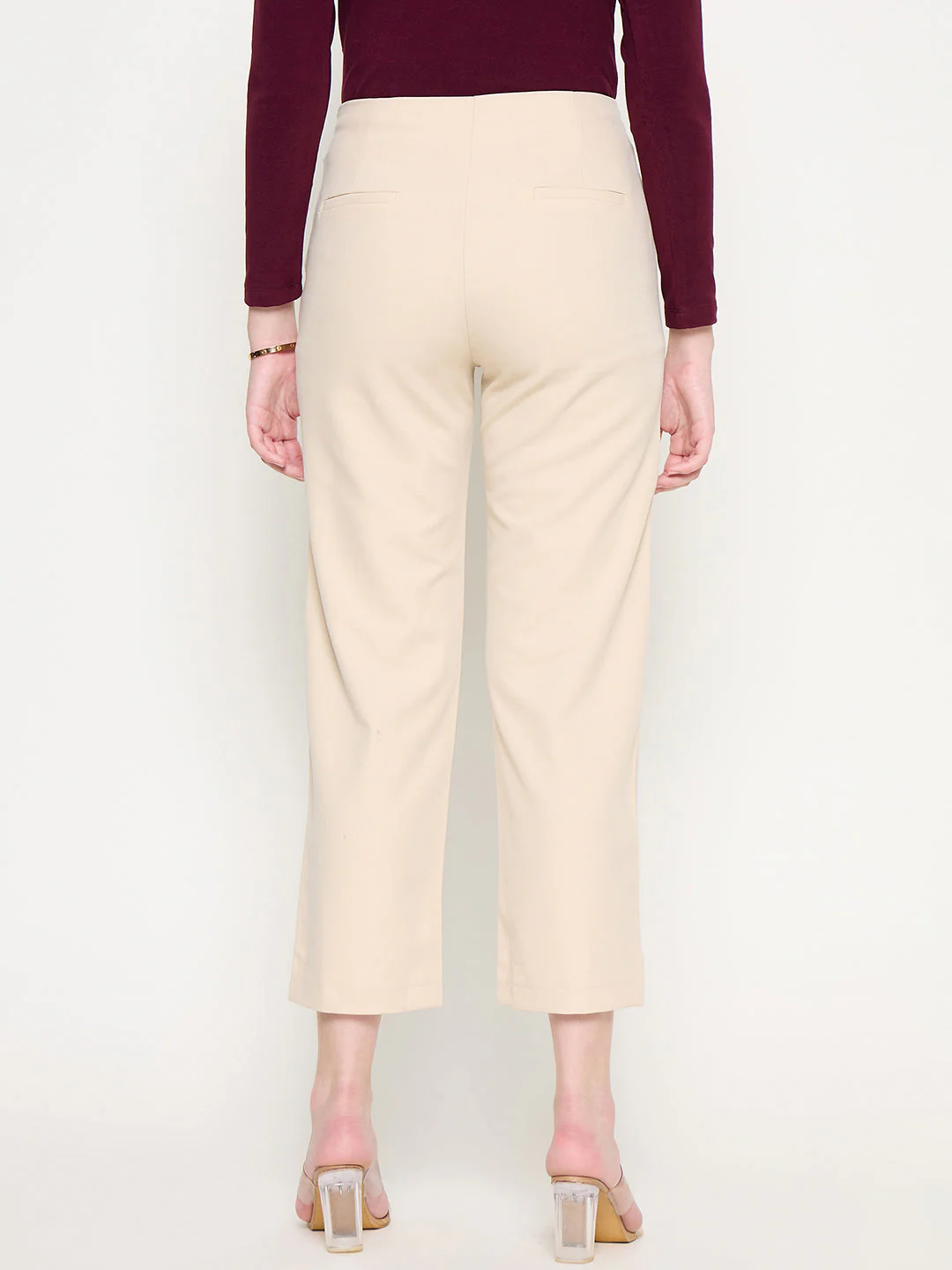 Madame Slash Pocketed Straight Fit Belted Solid Ivory Trousers - Image 6