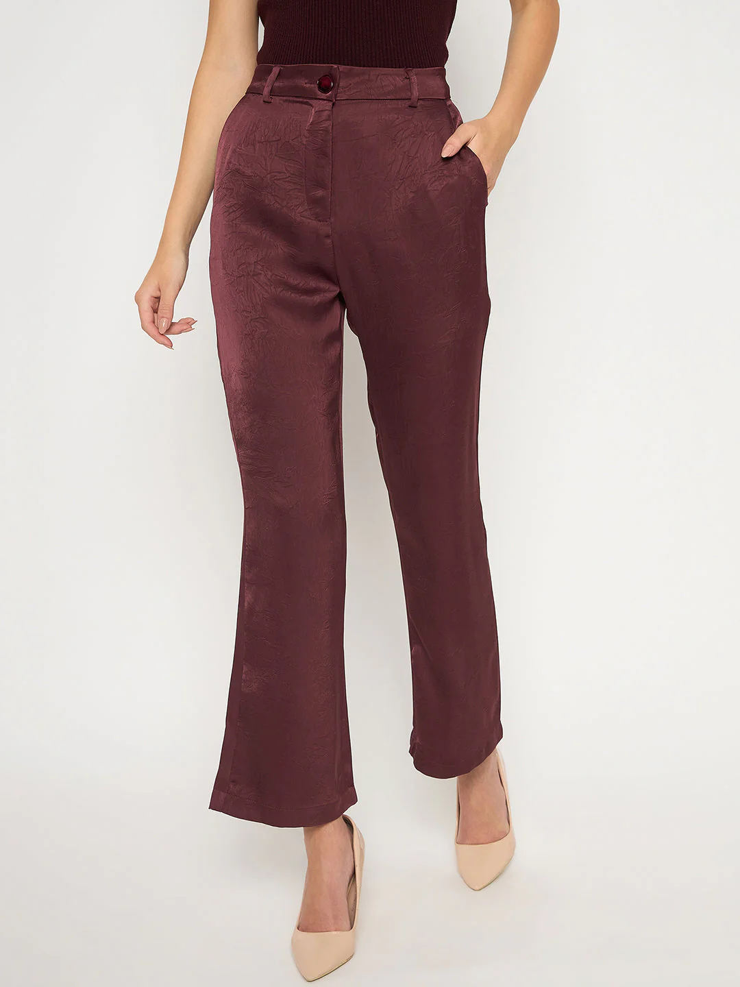 Madame Straight Fit Solid Maroon Trousers - Image 3
