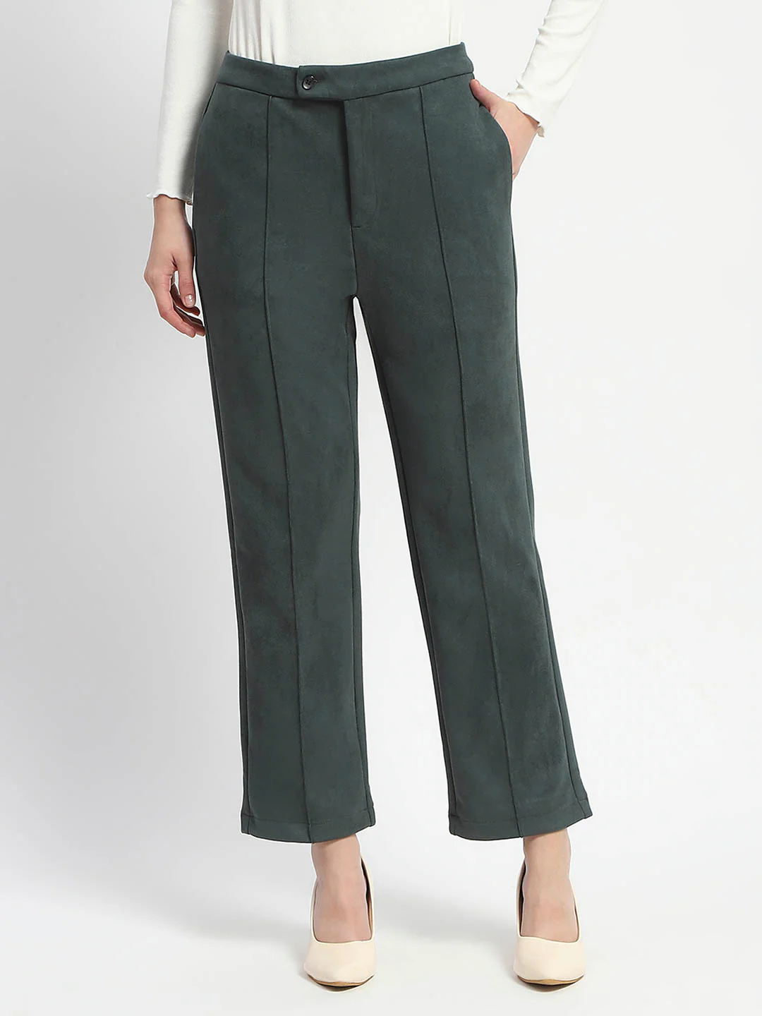 Madame Solid Green Pleated Gurkha Trousers