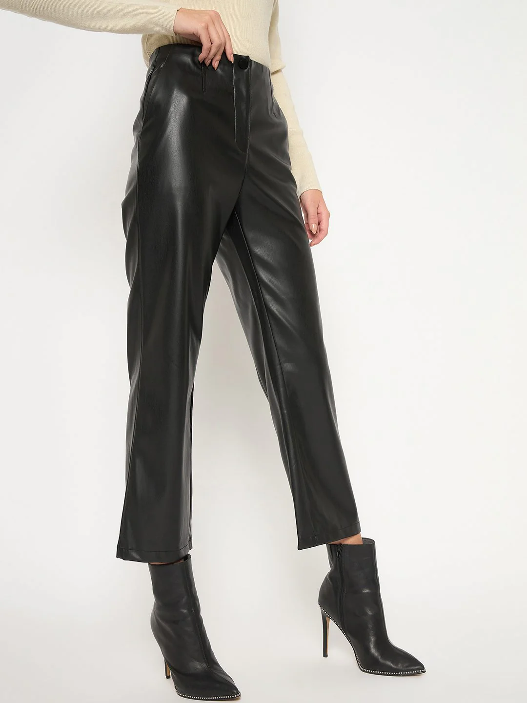 Madame Straight Fit Solid Black Faux Leather Trouser - Image 3