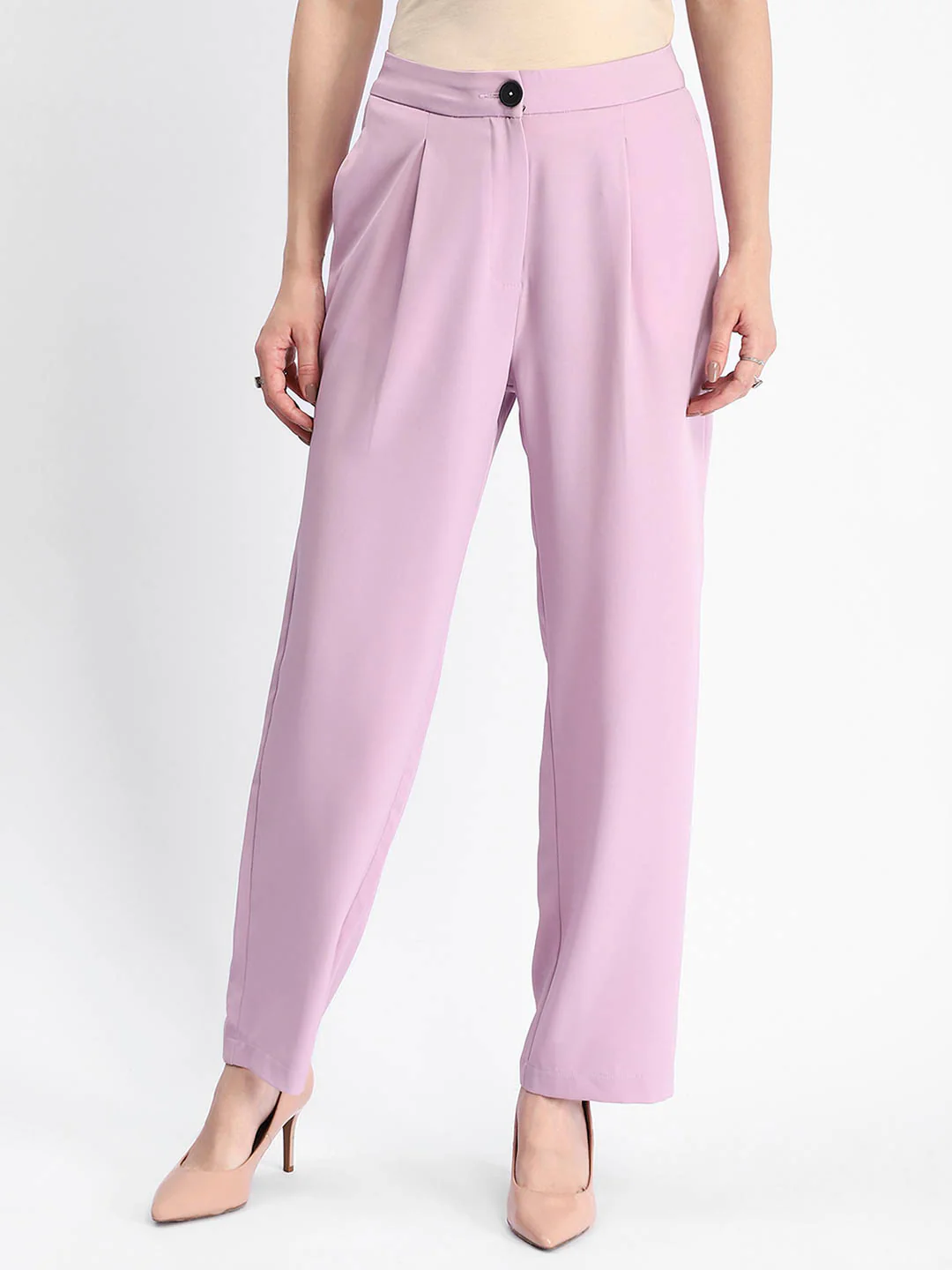 Madame Solid Straight Buttoned Mauve Trousers