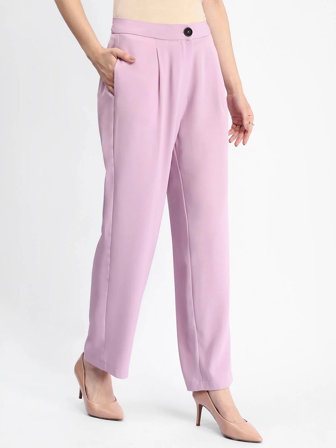 Madame Solid Straight Buttoned Mauve Trousers - Image 3