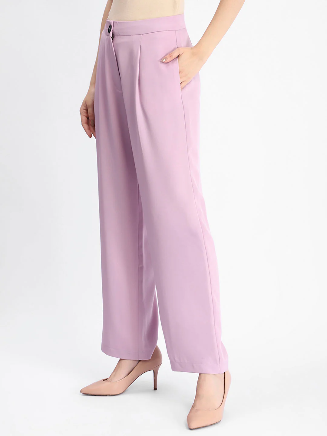 Madame Solid Straight Buttoned Mauve Trousers - Image 4