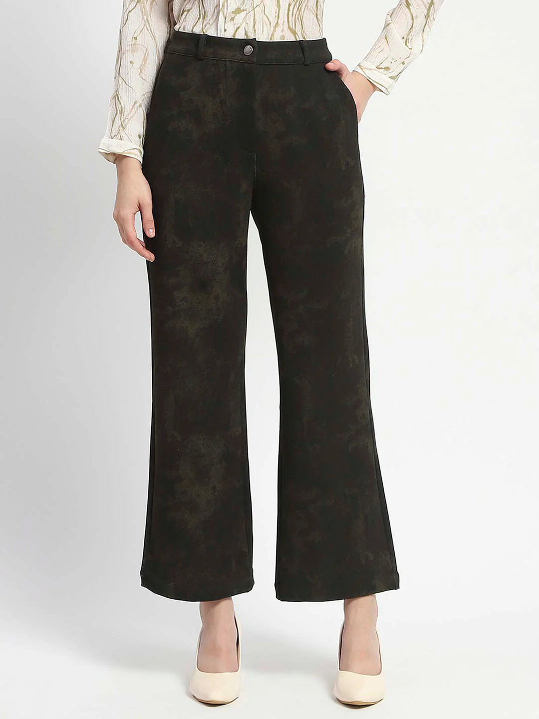 Madame Jacquard Straight Fit Flared Green Trousers