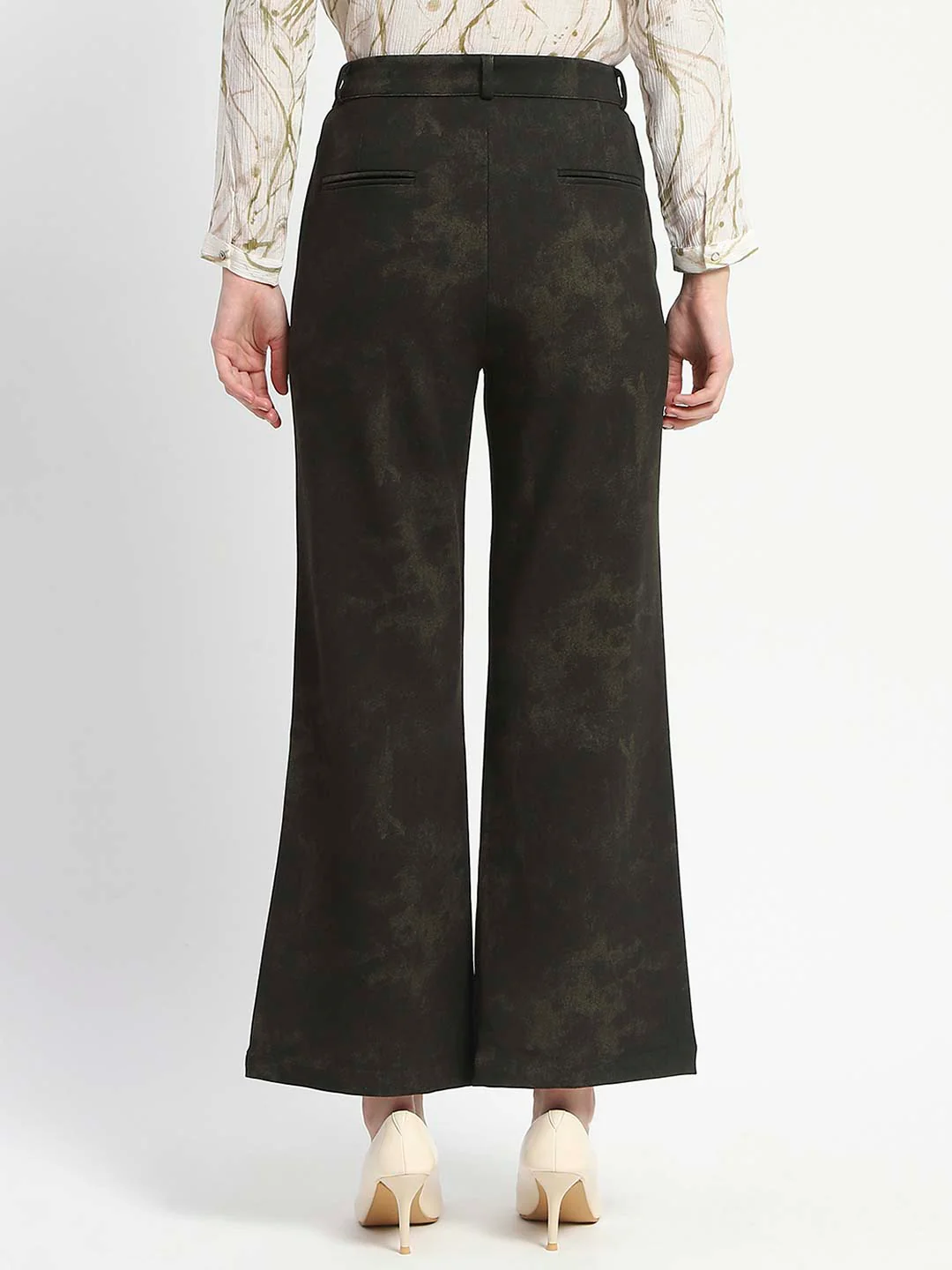 Madame Jacquard Straight Fit Flared Green Trousers - Image 4