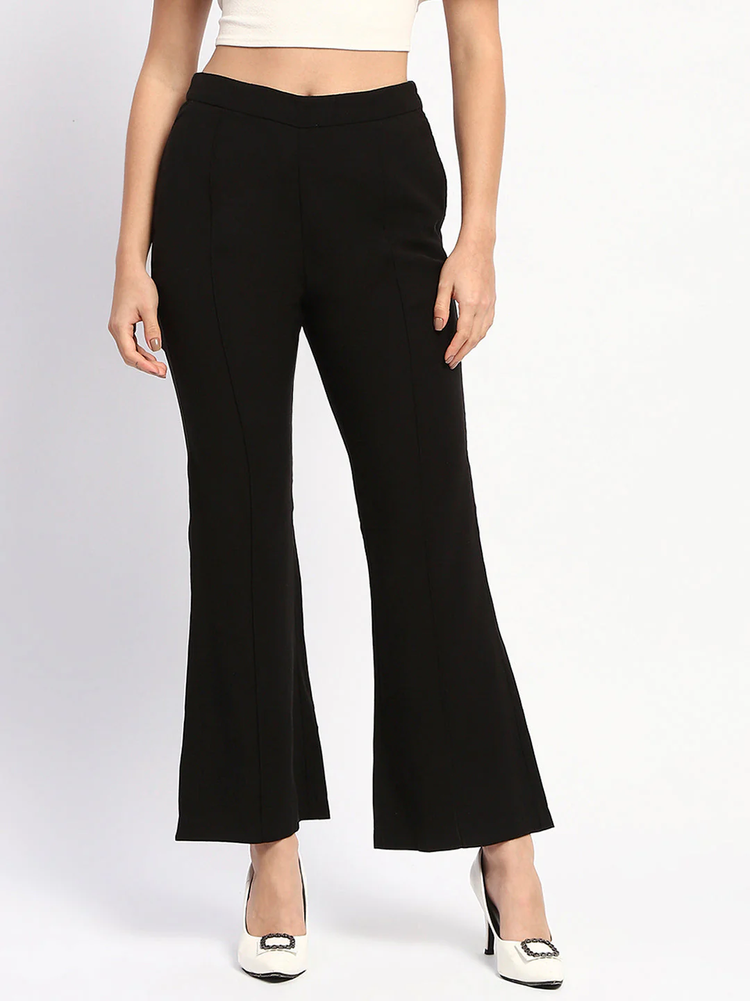 Madame Pleated Solid Black Flared Trousers - Image 2