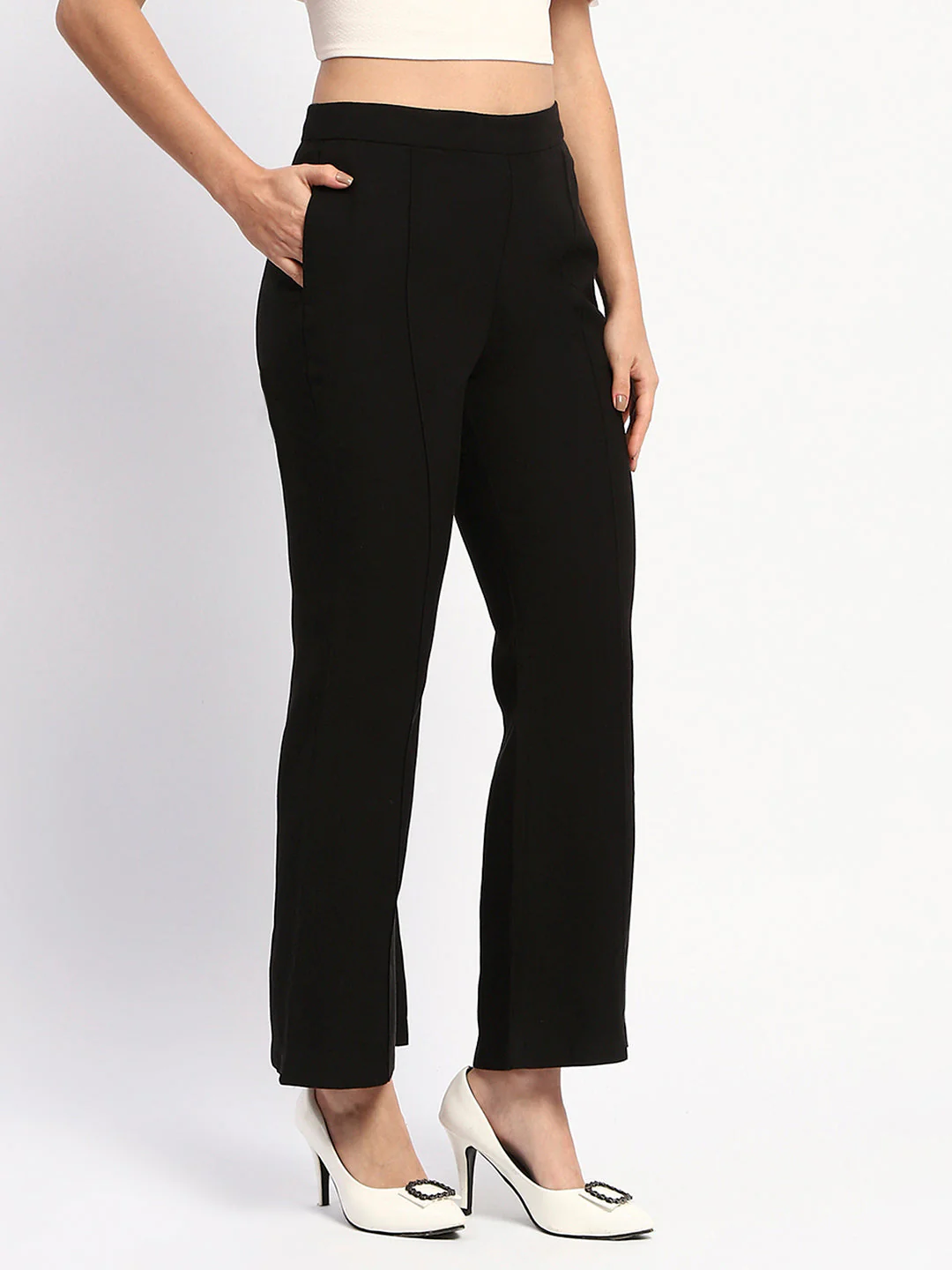 Madame Pleated Solid Black Flared Trousers - Image 3