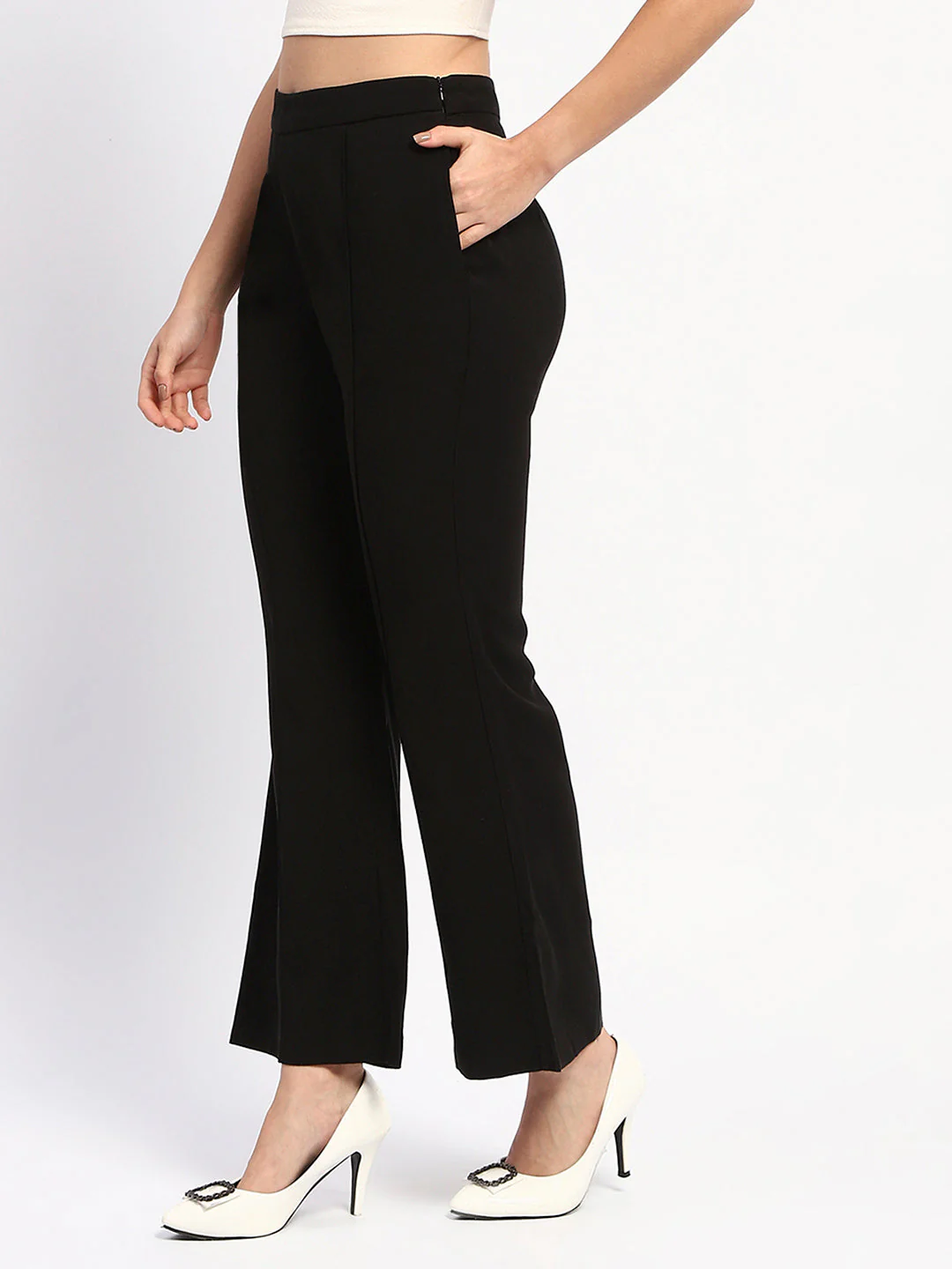 Madame Pleated Solid Black Flared Trousers - Image 4