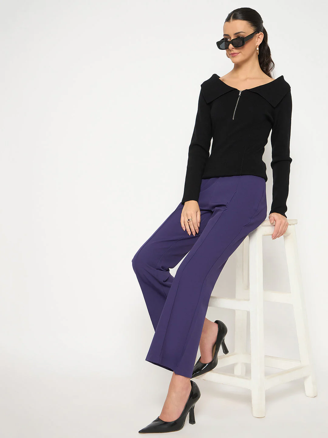 Madame Pleated Flared Purple Trousers - Image 2