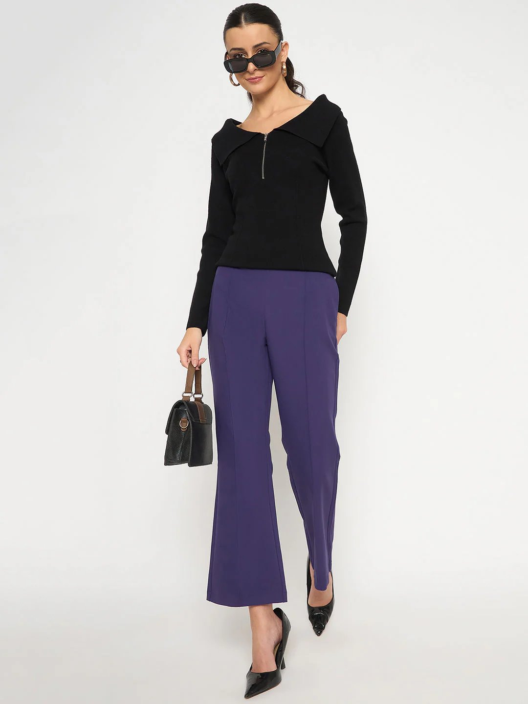 Madame Pleated Flared Purple Trousers - Image 3