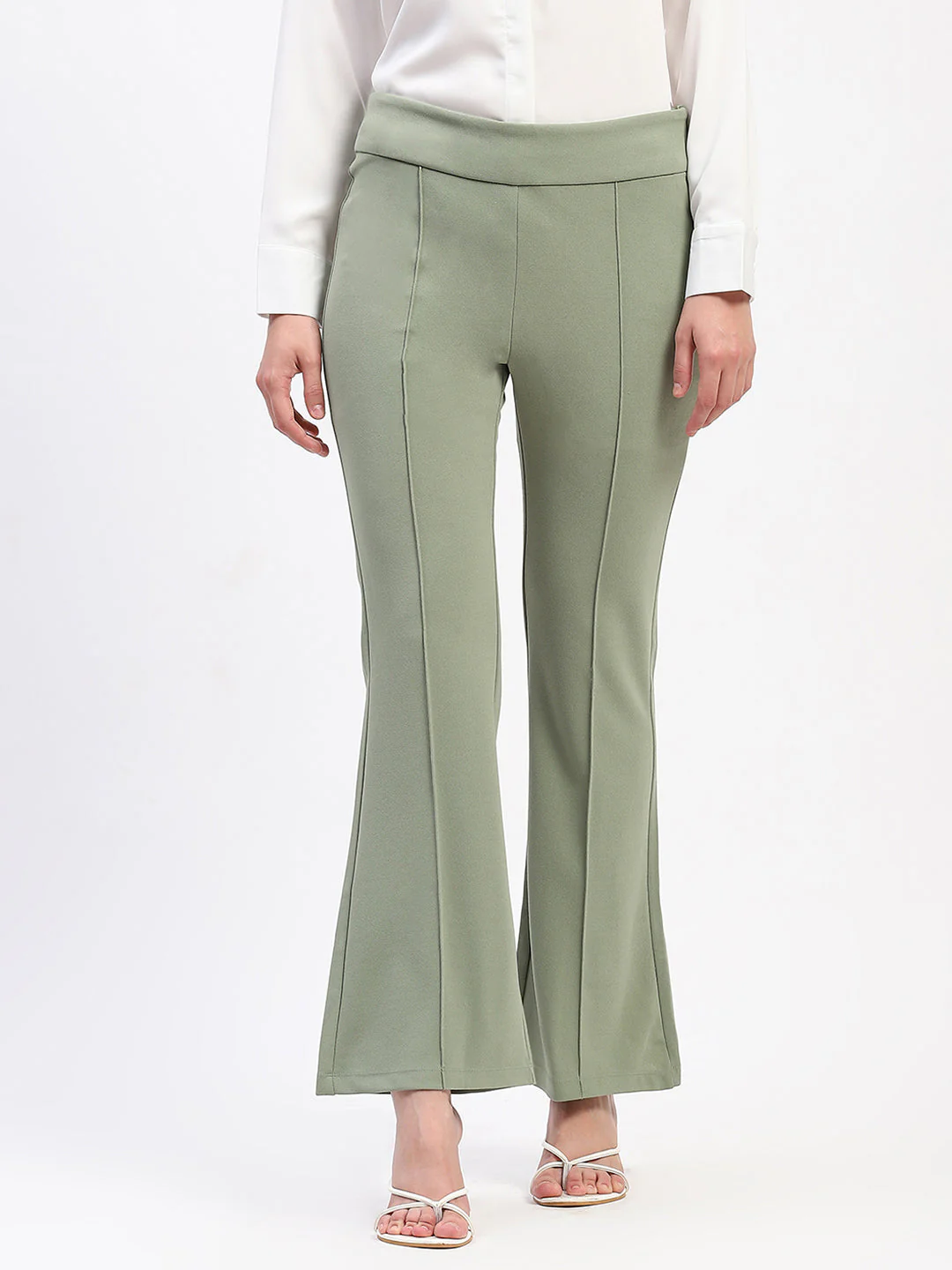 Madame Pleated Elasticated Waist Solid Mint Trousers - Image 2