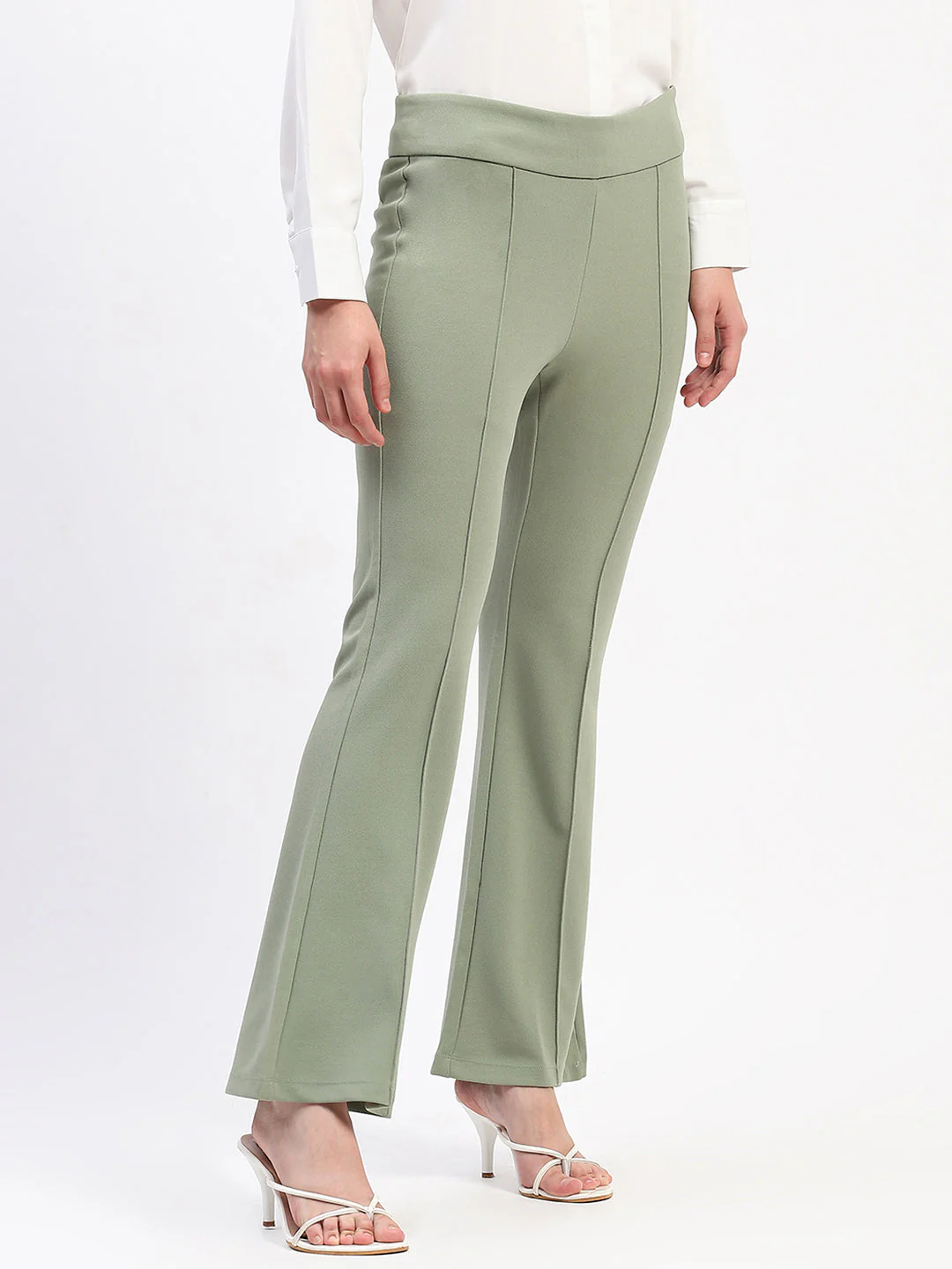 Madame Pleated Elasticated Waist Solid Mint Trousers - Image 3