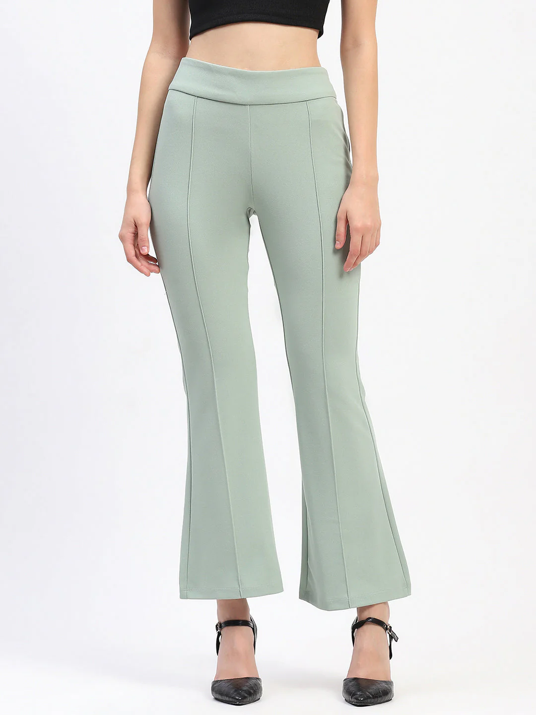 Madame Pleated Elasticated Waist Solid Moss Green Trousers - Image 2