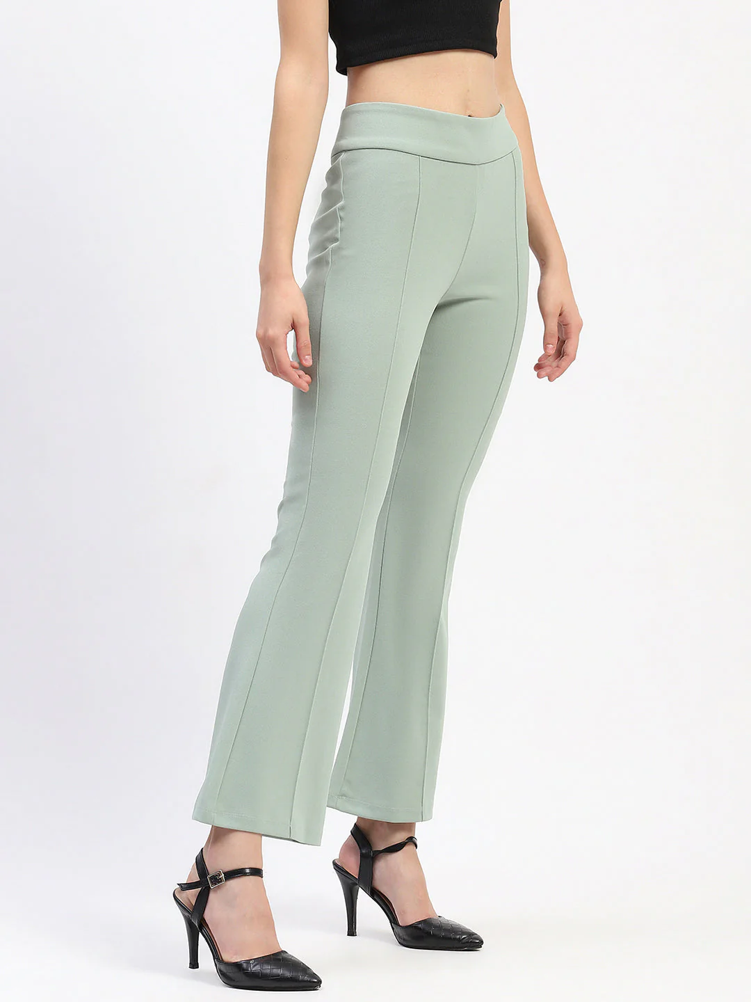 Madame Pleated Elasticated Waist Solid Moss Green Trousers - Image 3