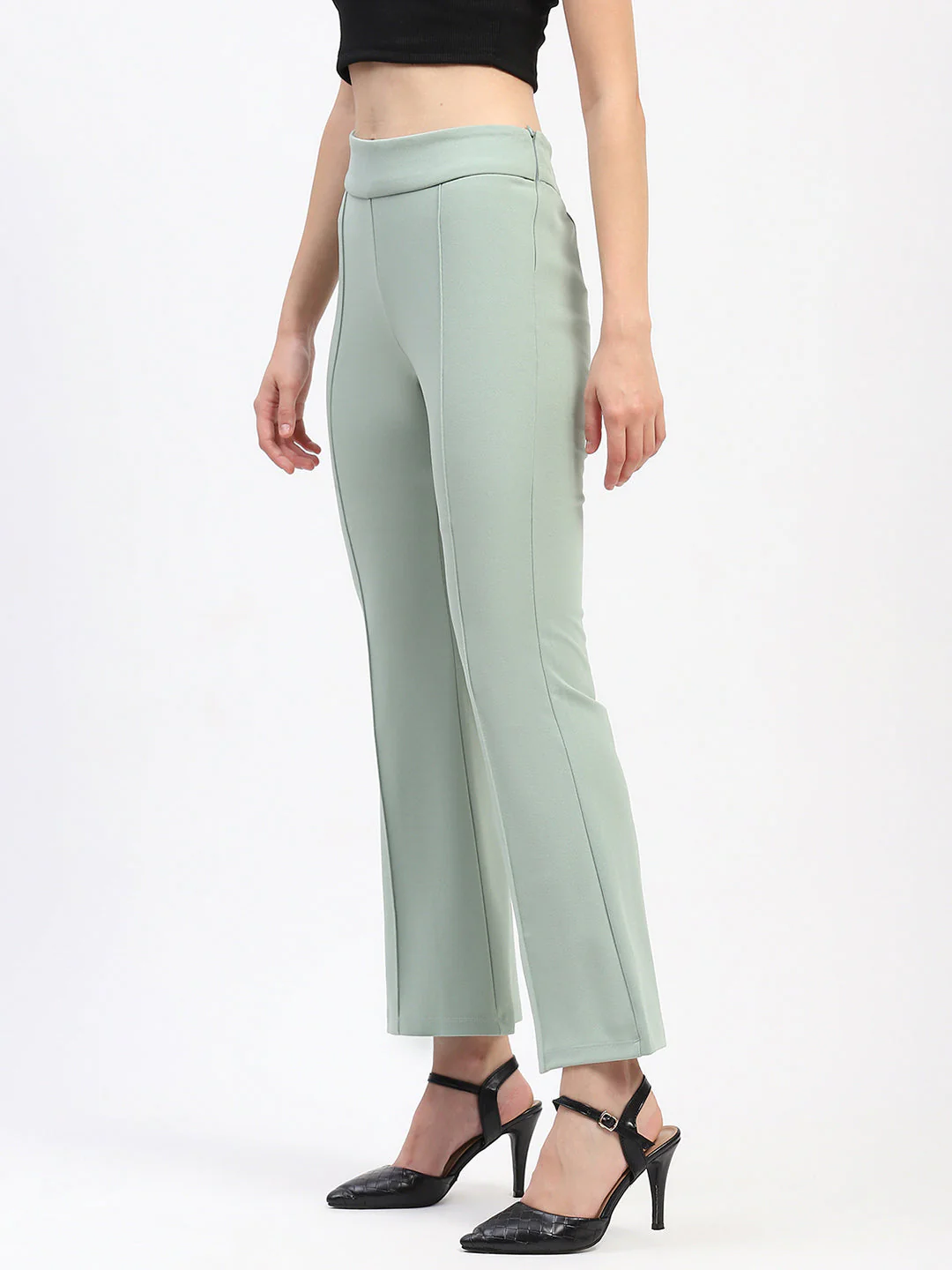 Madame Pleated Elasticated Waist Solid Moss Green Trousers - Image 4