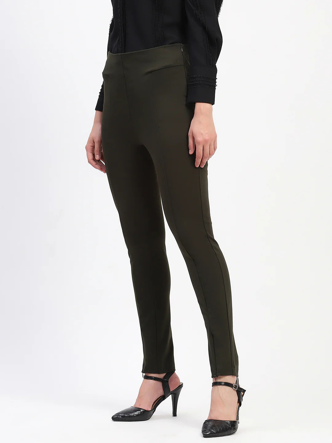 Madame Pleated Solid Olive Straight Trousers - Image 2