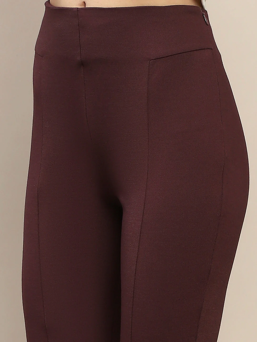 Madame Pleated Solid Wine Red Rayon Blend Jeggings - Image 6