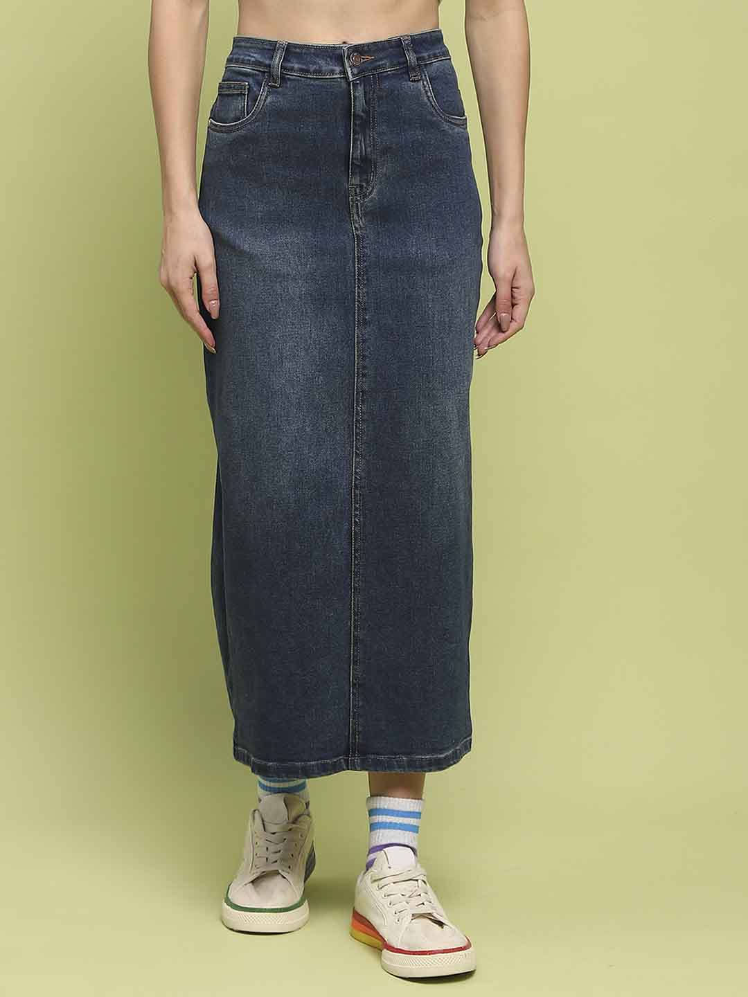Madame Dark Blue Whiskered Cotton Midi Denim Skirt