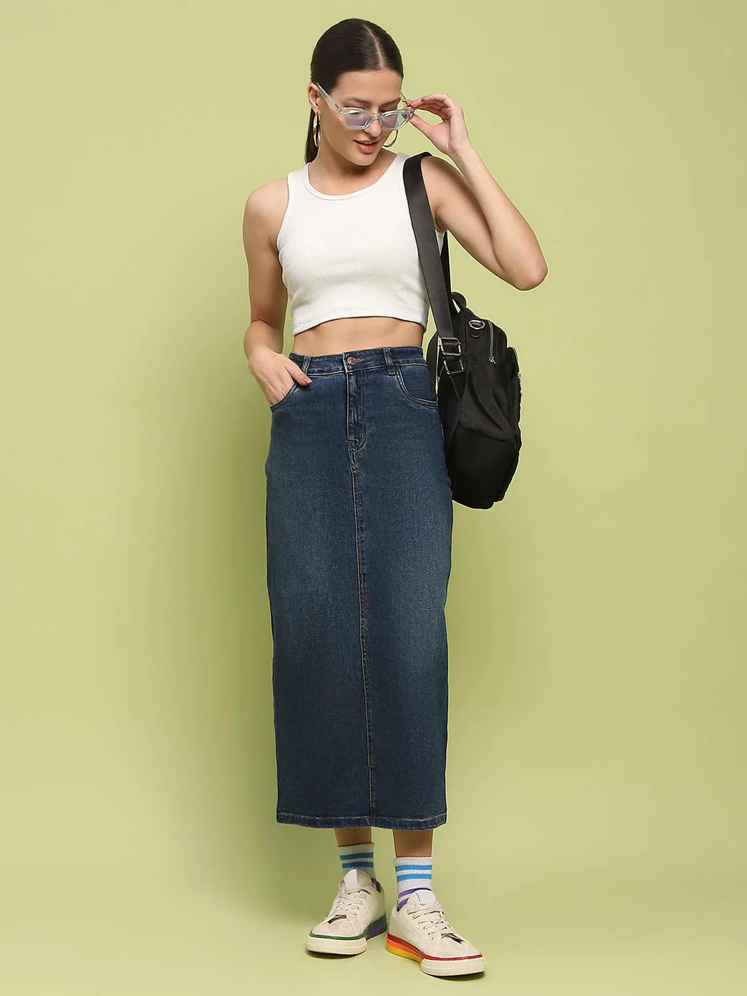 Madame Dark Blue Whiskered Cotton Midi Denim Skirt - Image 2