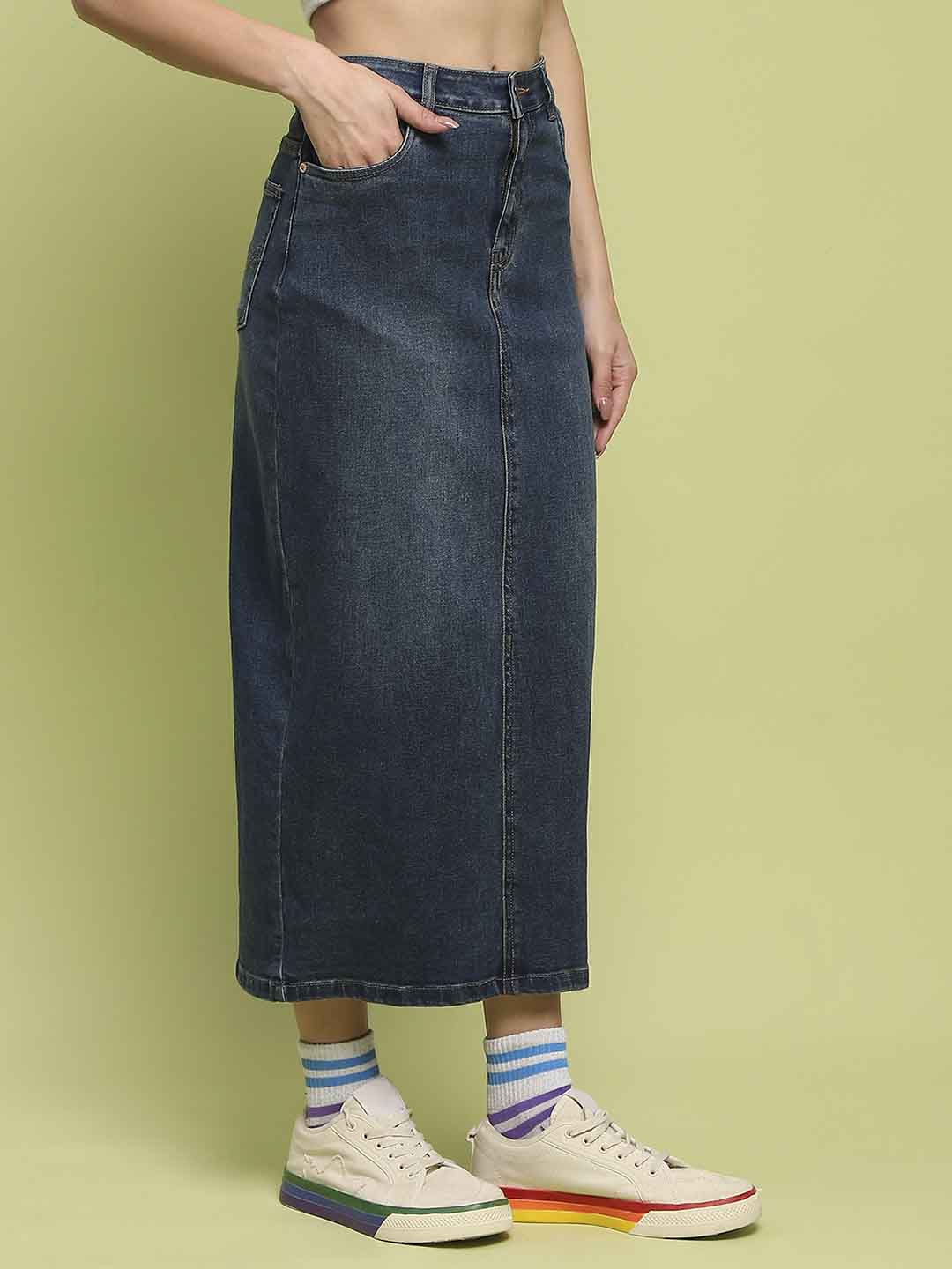 Madame Dark Blue Whiskered Cotton Midi Denim Skirt - Image 3