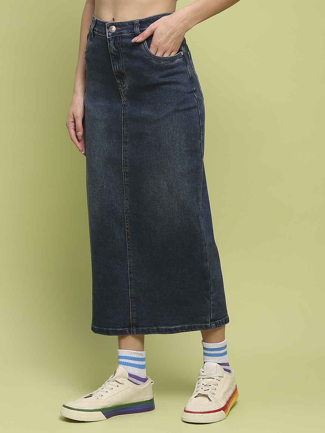 Madame Dark Blue Whiskered Cotton Midi Denim Skirt - Image 4