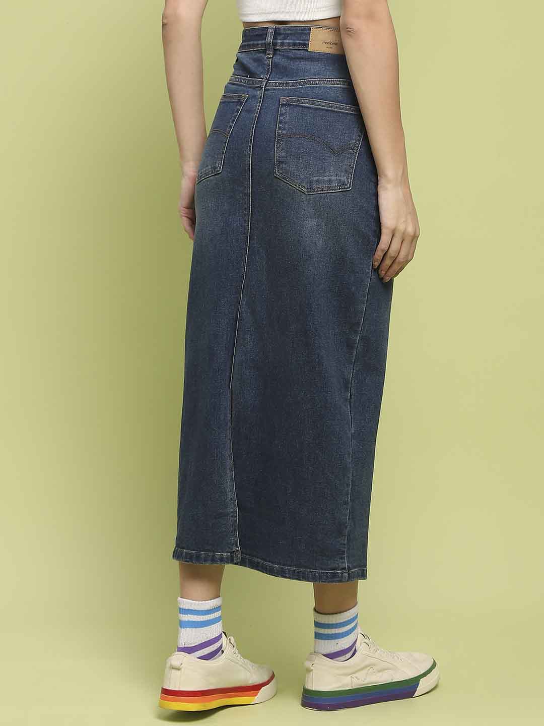 Madame Dark Blue Whiskered Cotton Midi Denim Skirt - Image 5