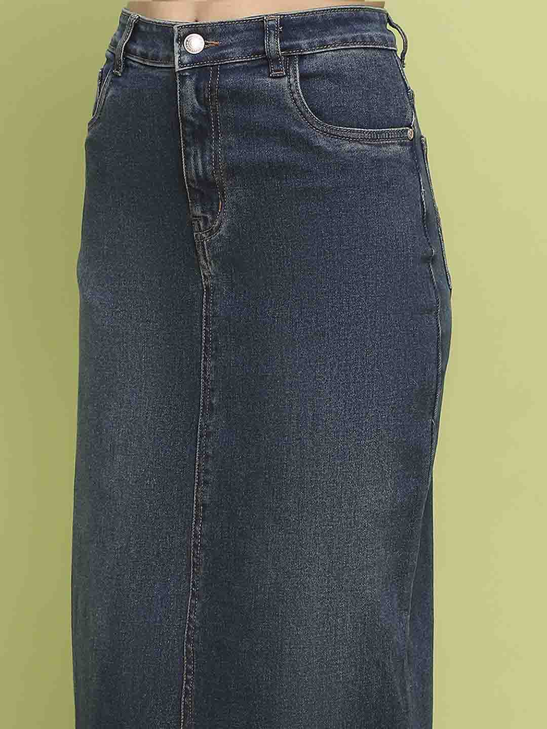 Madame Dark Blue Whiskered Cotton Midi Denim Skirt - Image 6