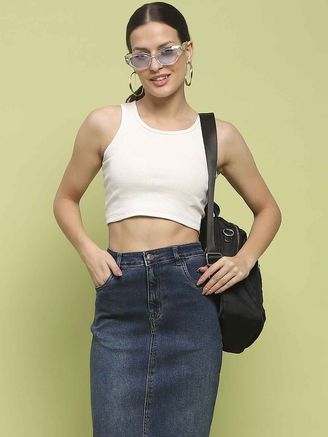 Madame Dark Blue Whiskered Cotton Midi Denim Skirt - Image 7