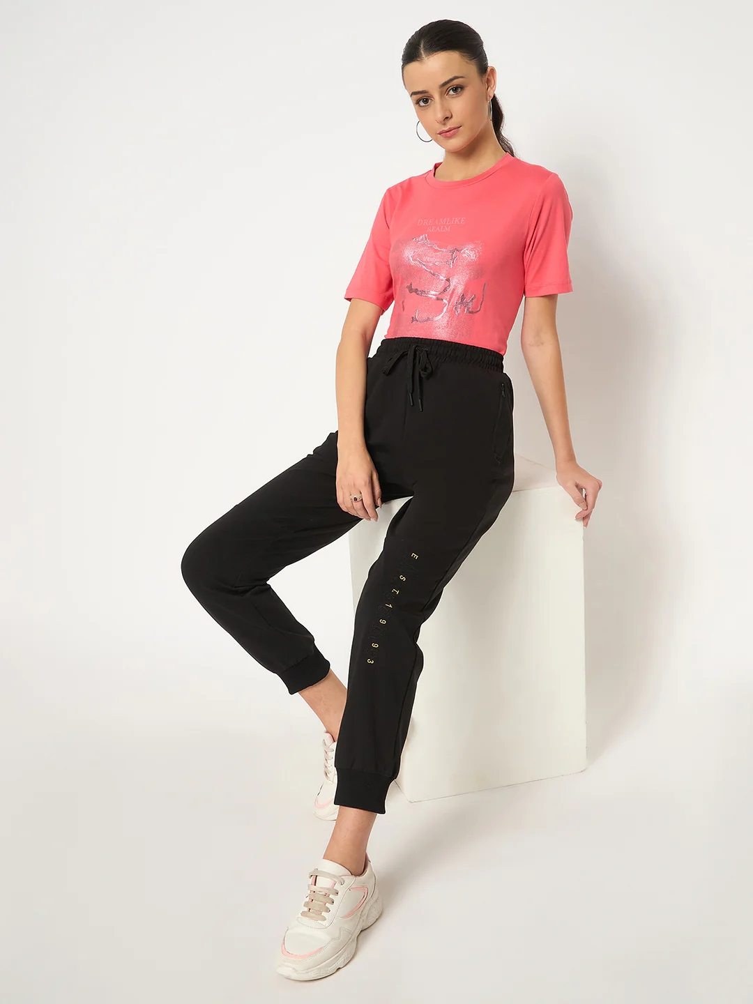 Madame Knit Reverse Panels Solid Black Jogger Style Track Bottoms - Image 2