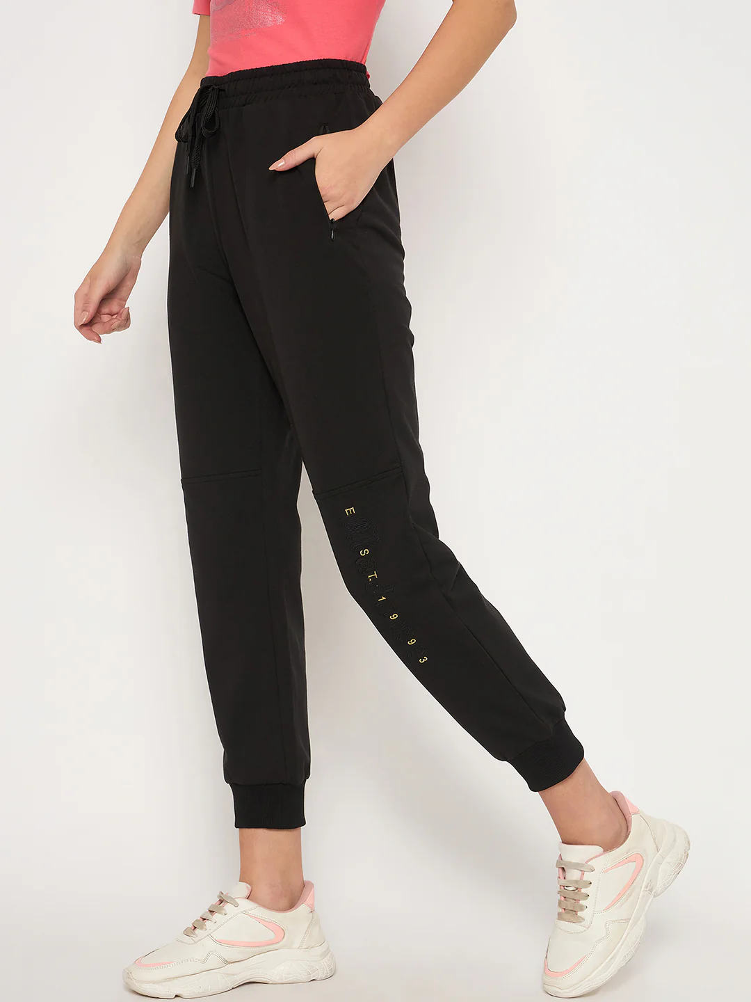 Madame Knit Reverse Panels Solid Black Jogger Style Track Bottoms - Image 3