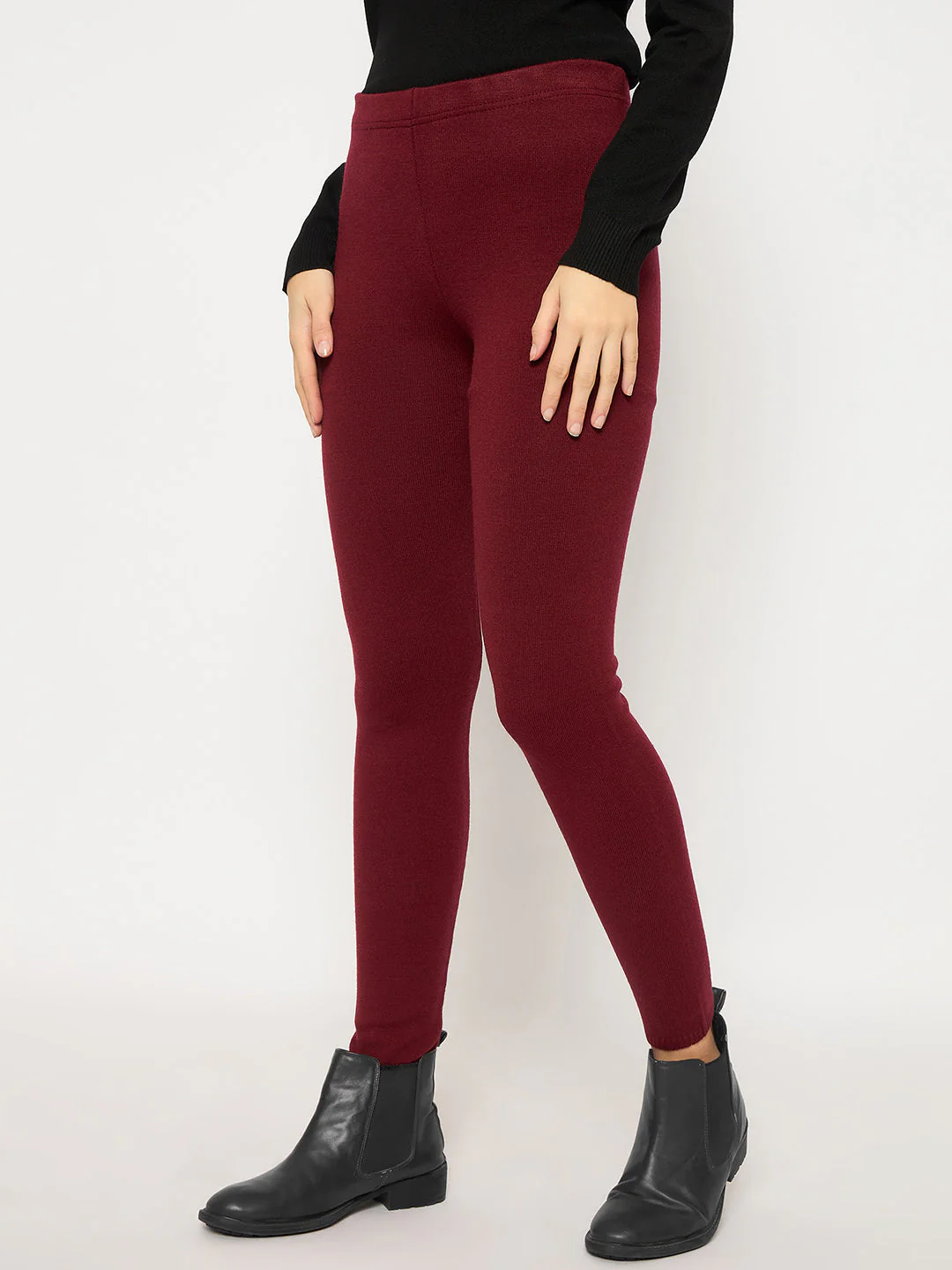 Madame Skinny Fit Solid Maroon Tights - Image 5