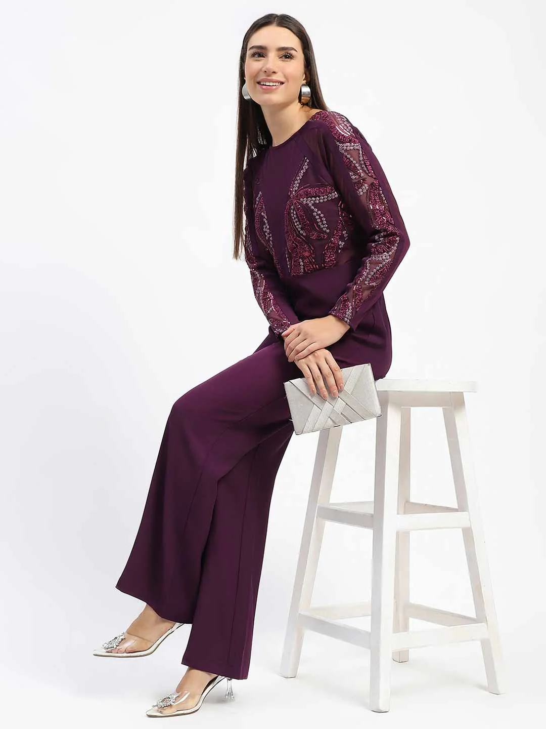 Madame Plum Embellished Mesh Wine Jumpsuit with Long Sleeves - Image 3