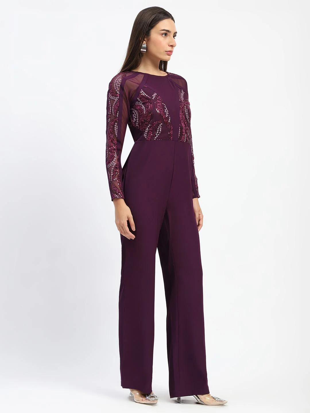Madame Plum Embellished Mesh Wine Jumpsuit with Long Sleeves - Image 4