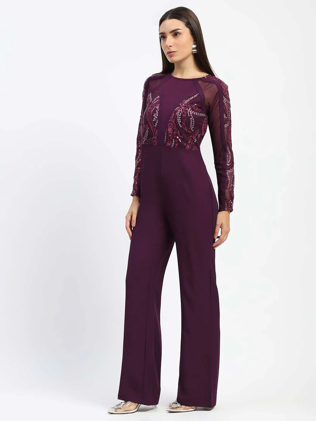 Madame Plum Embellished Mesh Wine Jumpsuit with Long Sleeves - Image 5