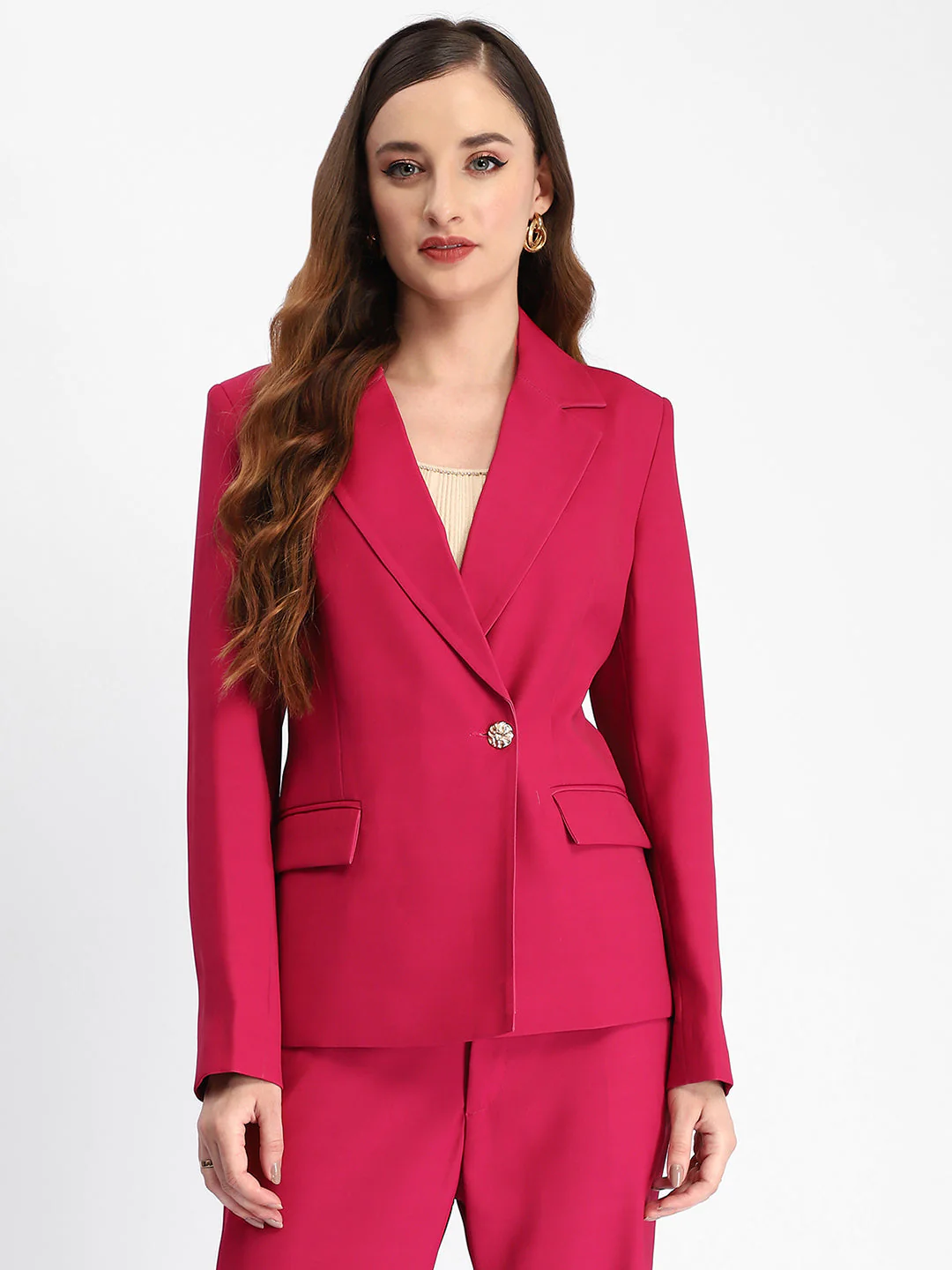 Madame Single Button Notch Lapel Hot Pink Blazer - Image 3