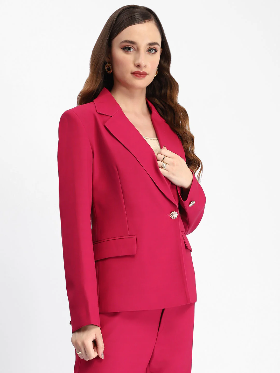 Madame Single Button Notch Lapel Hot Pink Blazer - Image 4