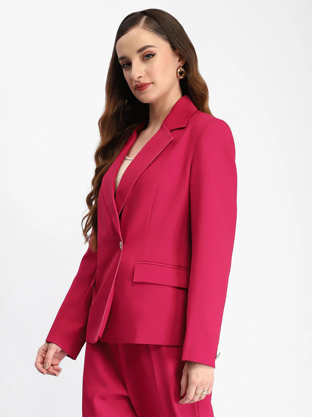 Madame Single Button Notch Lapel Hot Pink Blazer - Image 5