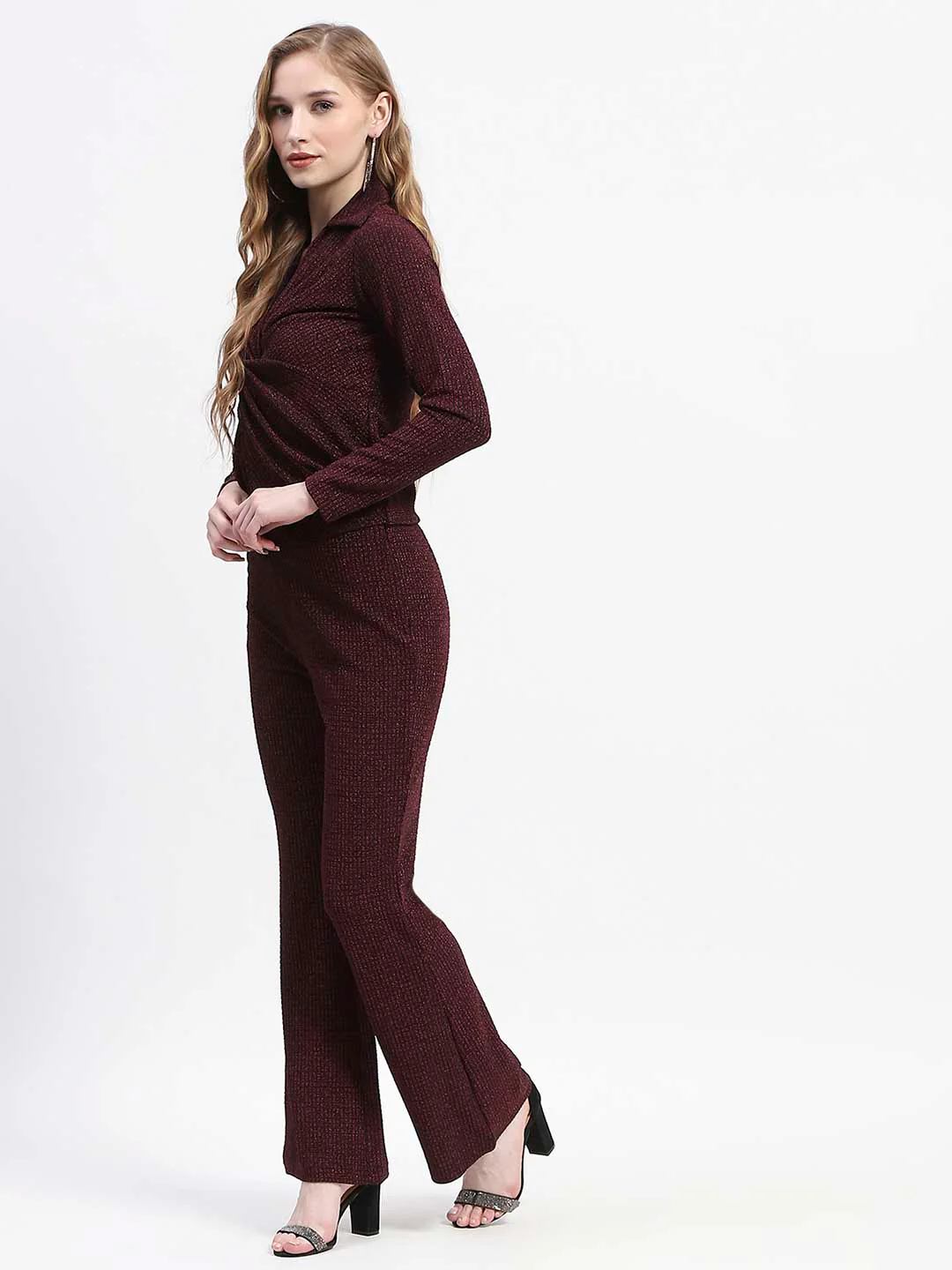 Madame Plum Twist Front Top and Wide-Leg Pants Co-ord Set - Image 4