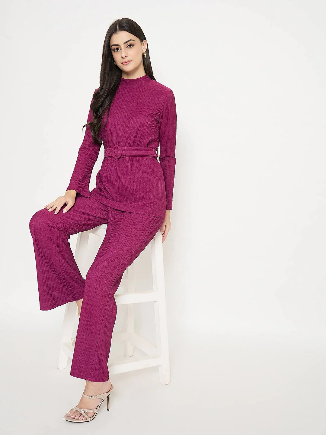 Madame Ribbed Belted Top and Bottom Plum Co-Ord Set - Image 2