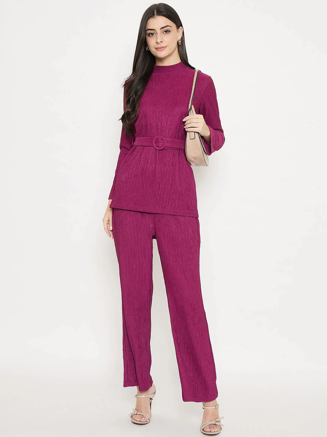 Madame Ribbed Belted Top and Bottom Plum Co-Ord Set - Image 3