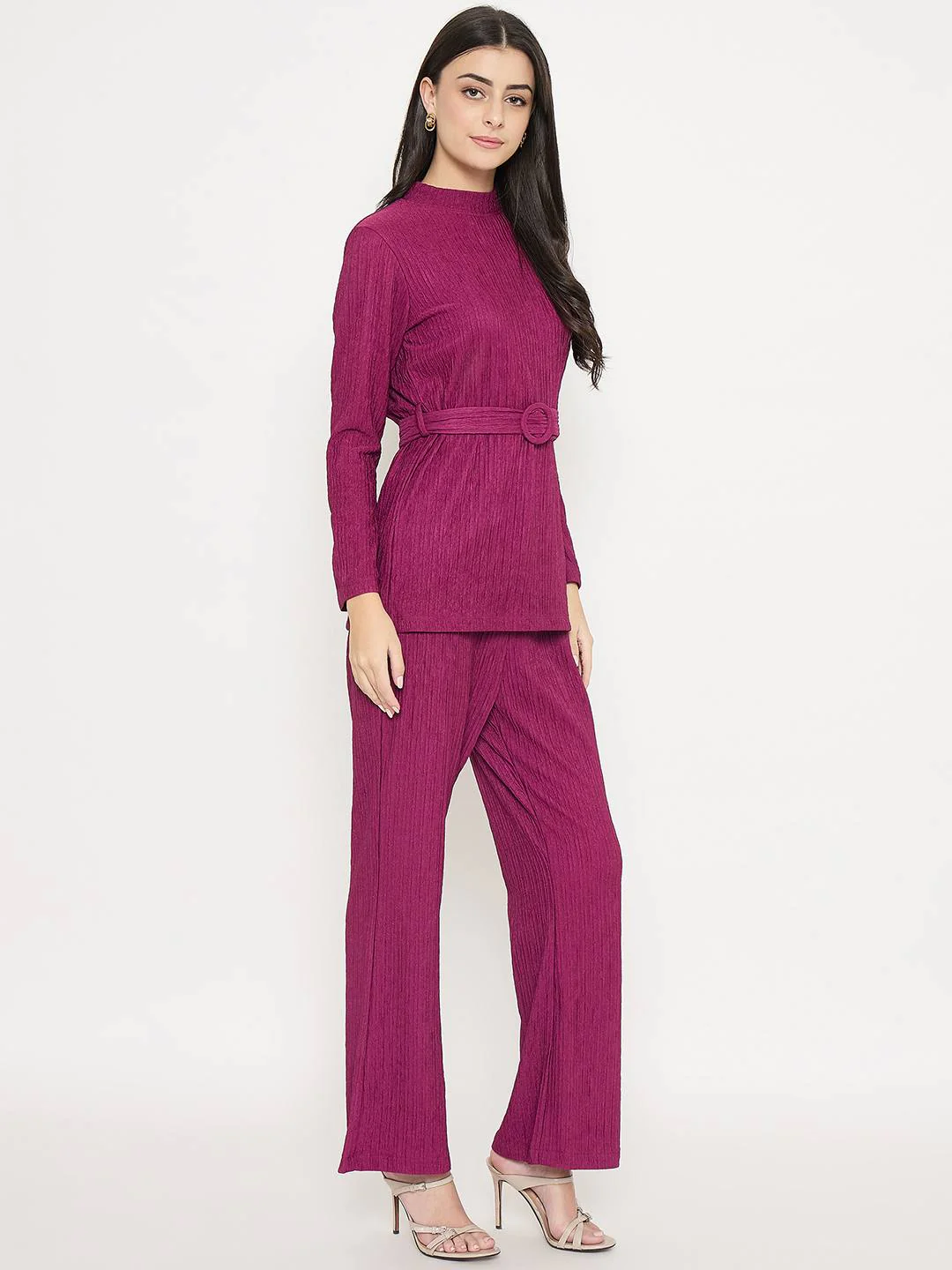 Madame Ribbed Belted Top and Bottom Plum Co-Ord Set - Image 4