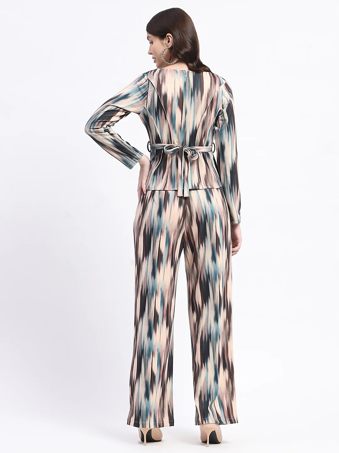Madame Knit Moss Printed Belted Top And Bottom Beige Co-Ord Set - Image 6