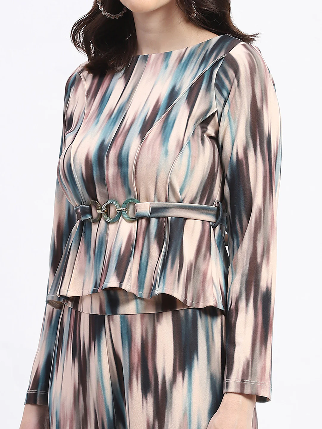 Madame Knit Moss Printed Belted Top And Bottom Beige Co-Ord Set - Image 7
