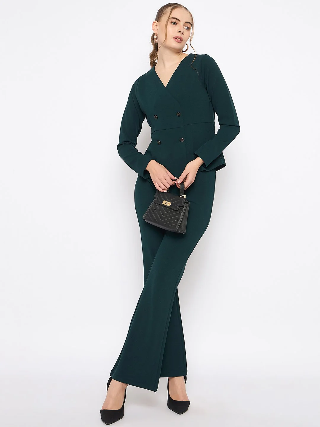 Madame Teal Knit Moss Overlap Top and Bottom Co-ord Set - Image 2