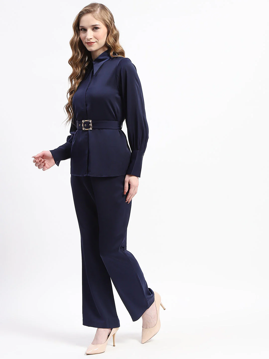 Madame Navy Belted Shirt and Wide-Leg Pants Co-ord Set - Image 4
