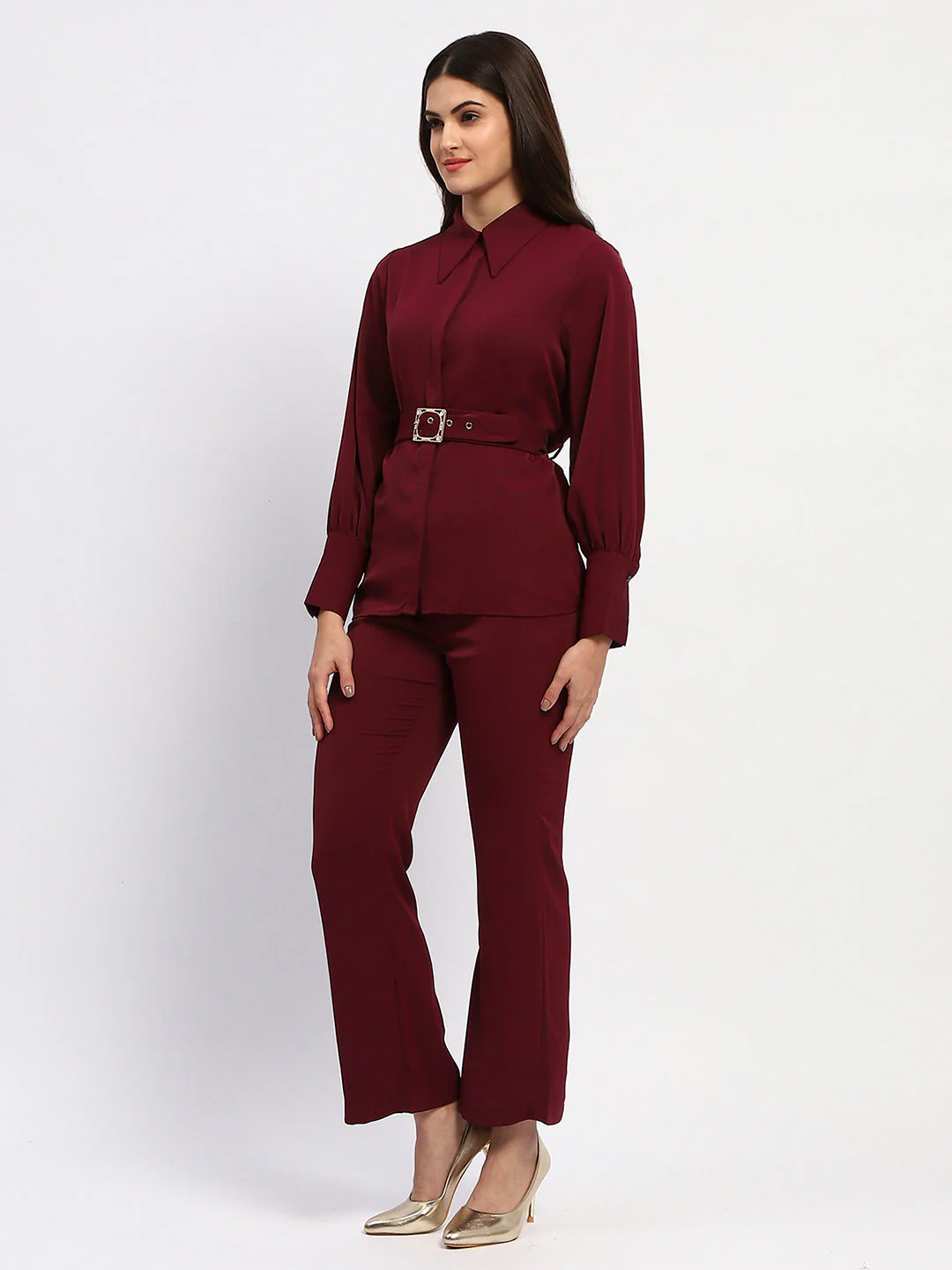 Madame Purple Belted Shirt and Wide-Leg Bottom Ensemble - Image 4