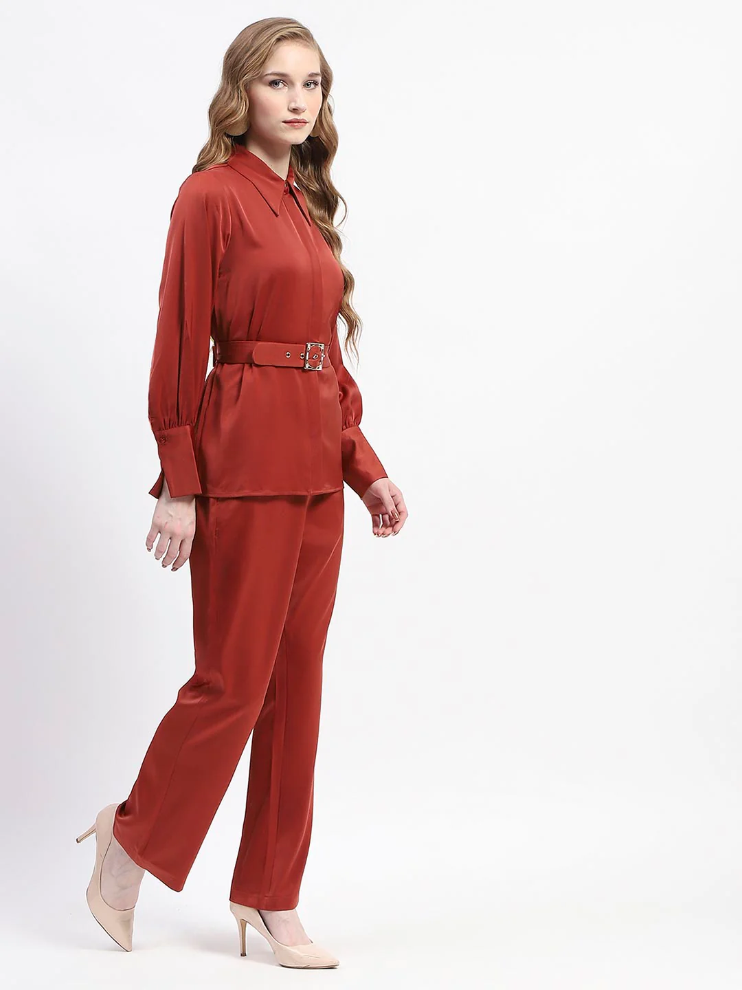Madame Belted Shirt and Trousers Rust Orange Co-ord Set - Image 3