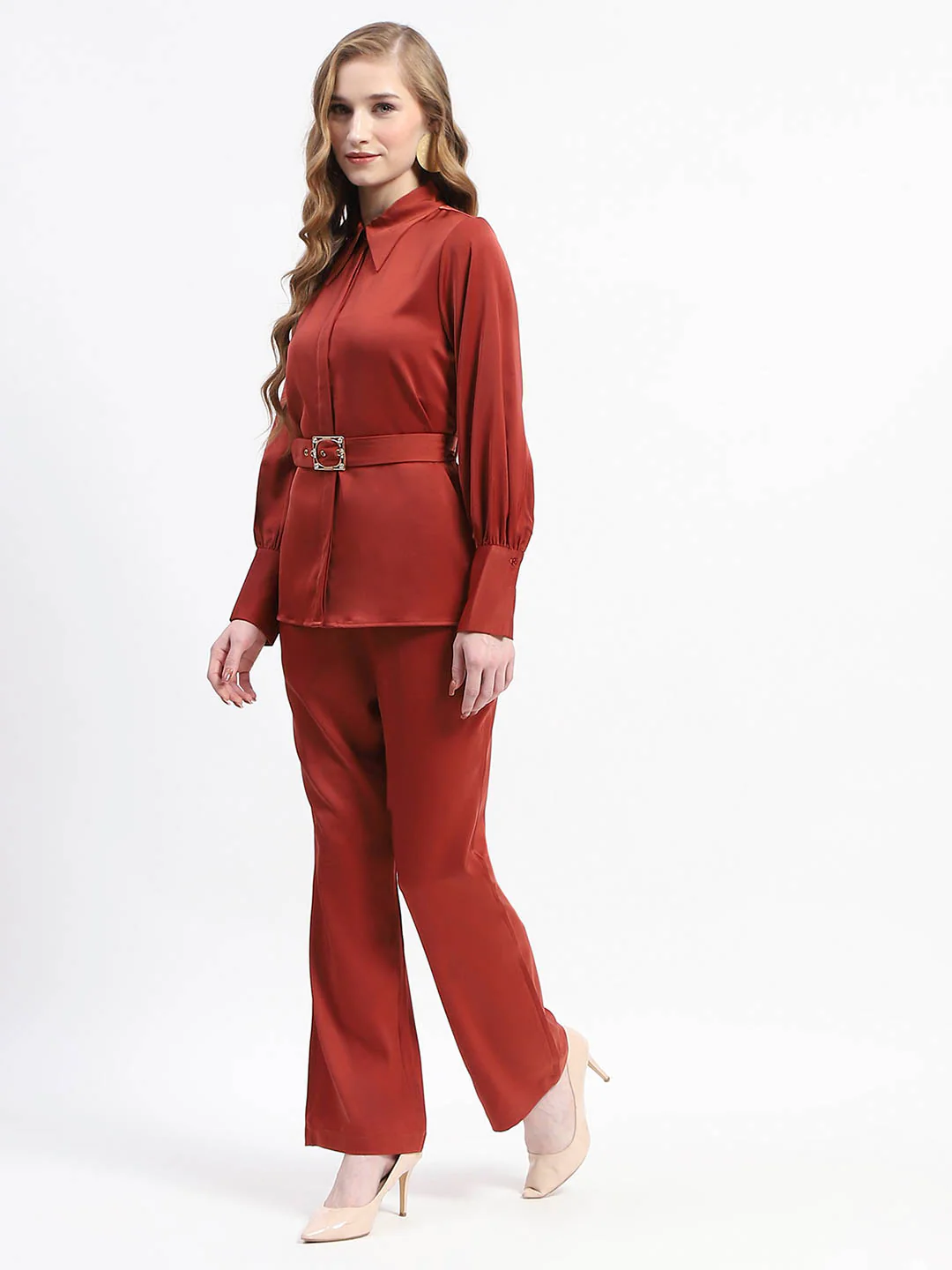 Madame Belted Shirt and Trousers Rust Orange Co-ord Set - Image 4